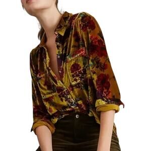 Anthropologie Pilcro Hadley Relaxed Velvet Burnout Shirt 2X Mustard Festival